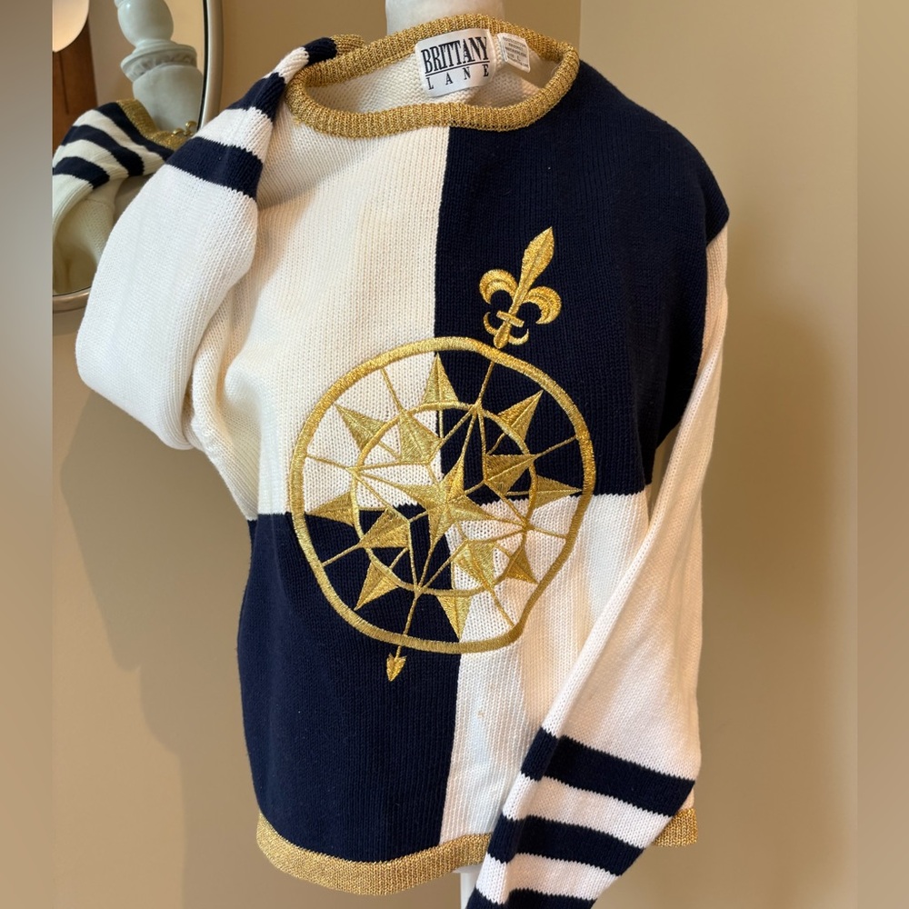 Amazing 🔥 Brittany Lane Nautical 🛥️ Boat Sweater Cotton Navy Blue Gold White XL